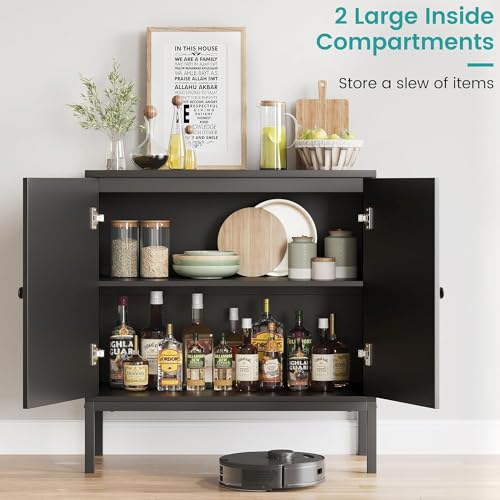 GAOMON Sideboard Buffet Cabinet, Rattan Storage Cabinet, Wood Accent Cabinet with Door and Shelf, Console Cabinet with Storage, Sideboard Cabinet for Hallway, Entryway, Living Room, Black