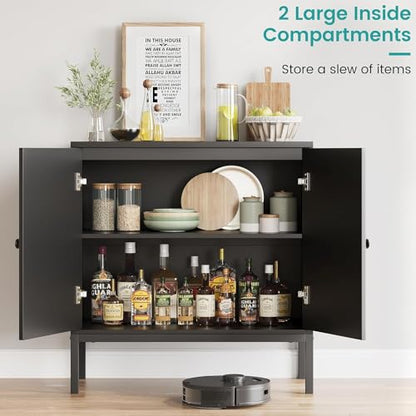 GAOMON Sideboard Buffet Cabinet, Rattan Storage Cabinet, Wood Accent Cabinet with Door and Shelf, Console Cabinet with Storage, Sideboard Cabinet for Hallway, Entryway, Living Room, Black