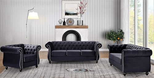 Feinstein Modern Velvet Upholstered Living Room Chesterfield with Gleaming Nailheads, Chair, Black