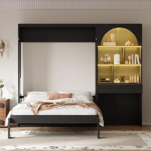 Queen Size Murphy Platform Bed with Side Cabinets, Drawer, Open Shelves, view 2