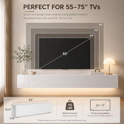 63" Floating TV Stands for Living Room w/ Storage, LED Entertainment Center, view 3