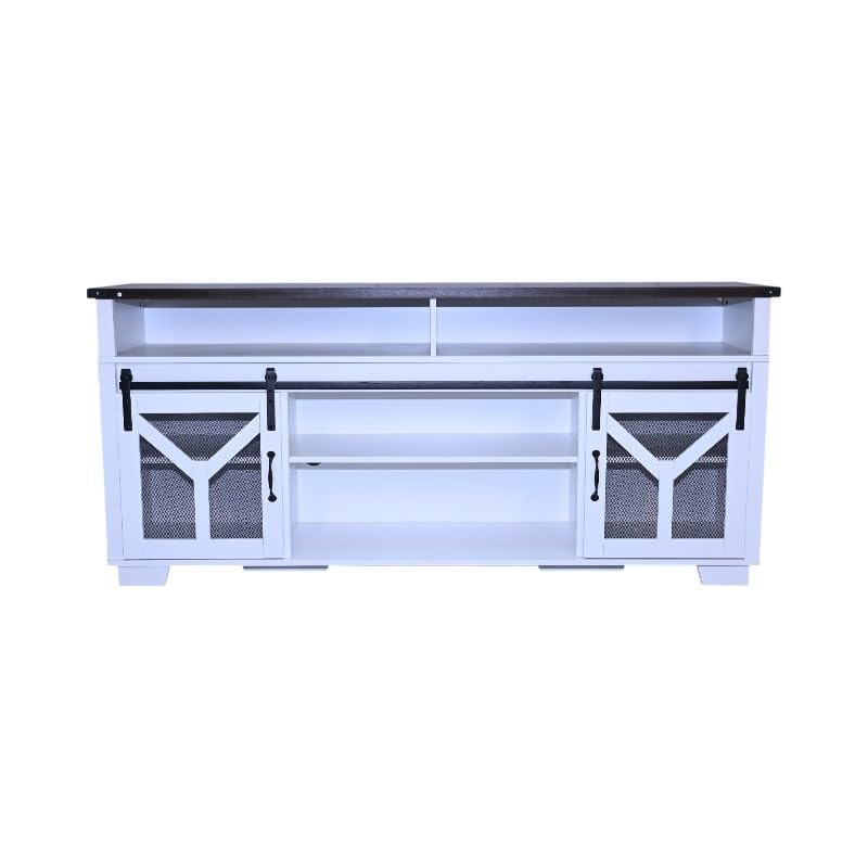 65" Farmhouse TV Stand with Sliding Barn Doors, White & Walnut, view 7
