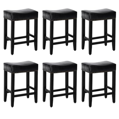 Bar Stools Set of 6,25.7 inch Counter Height Bar Stools,Upholstered Kitchen Barstools with Solid Wooden Legs, Saddle Stools for Kitchen Island, Bar, Cafe, Black