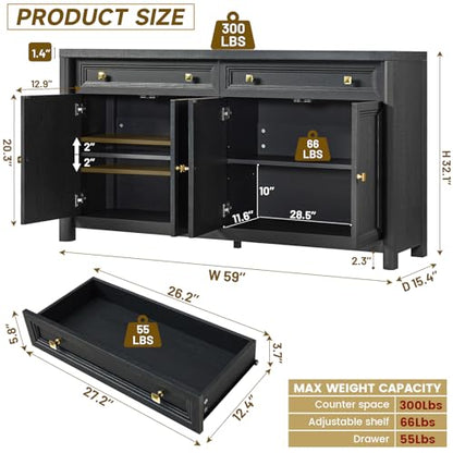 Credenza Storage Cabinet with 4 Doors and 2 Drawers, 59" Large Sideboard Buffet Cabinet, 32.1'' Tall Wood Buffet Table Coffee Bar Console Cabinets for Living Dining Room, Black