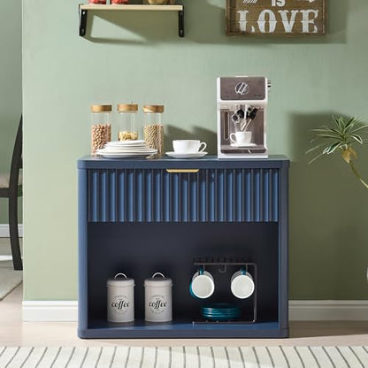 31" Wide Fluted Nightstand with Charging Station, Oversized Extra Large 1 Drawer Night Stand with Golden Handle, Blue Wood Bedside Table Tall End Tables,for Bedroom, Living Room, Hallway