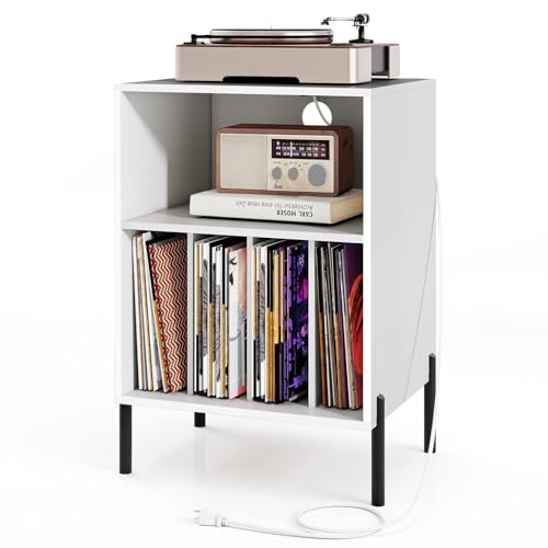 Record Player Stand with Charging Station, Turntable Stand with Storage Cabinet, view 2