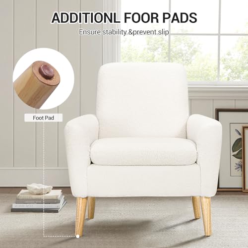 Sherpa Accent Chair, Modern White Teddy Fabric Upholstered Comfortable Armchair, Comfy Reading Leisure Chairs for Bedroom, Living Room, Home Office, Small Sofa Chair with Wood Legs