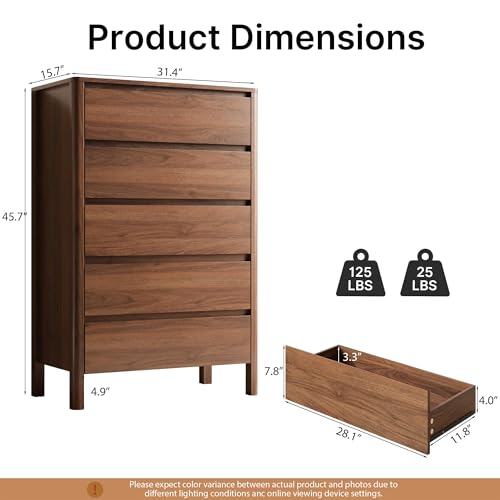 Walnut 5 Drawer Dresser for Bedroom, Modern Tall Dresser with Hidden Handles, view 3