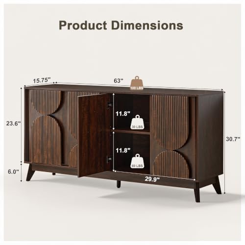 63 Inch Mid Century Modern Fluted Sideboard Buffet Cabinet Dark Walnut, view 4