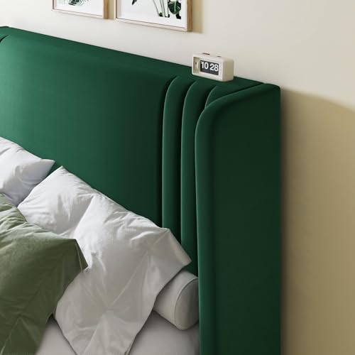 Queen Size Velvet Platform Bed Frame, Tall Wingback Headboard, Green, view 5