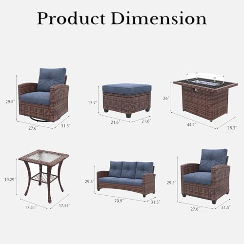 10 Pieces Patio Furniture Set with Swivel Chairs, Rattan Wicker Rocking Glide Chairs with 44" Propane Gas Fire Pit Table Conversation Set