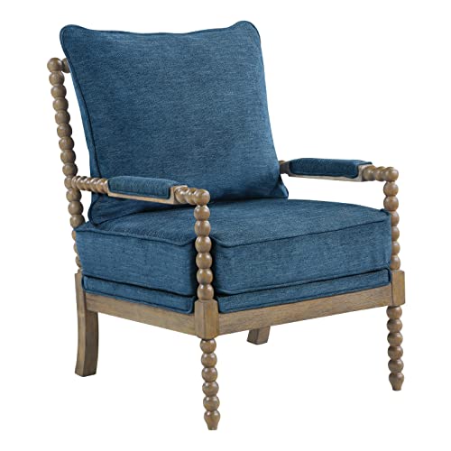 Fletcher Spindle Accent Chair with Rustic Brown Finish, Navy Blue Upholstery