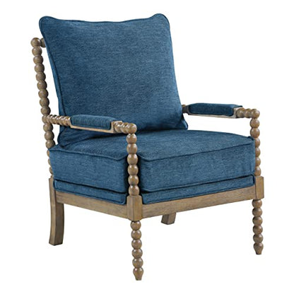 Fletcher Spindle Accent Chair with Rustic Brown Finish, Navy Blue Upholstery