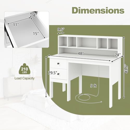 White Desk with Drawers & Hutch, Home Office Desk with Charging Station, view 4