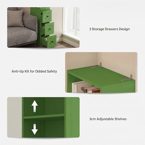 Tall Narrow Storage Cabinet, Anti-Tipping Floor Cabinet with 2 Adjustable Shelves & 3-Level Drawers for Small Space, Home, Bathroom, Kitchen, Laundry (White) (Green)