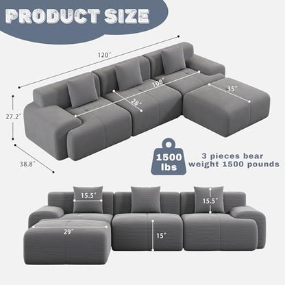 120" Cloud Modular Sectional Couch,Boneless Sofa,L-Shape Upholstered Sofas with Deep Seat,Modern Cozy Corduroy Couches with Memory Foam,No Assembly Required for Living Room(Dark Grey)