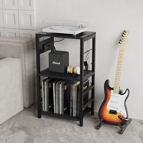 End Table with LED Light, Record Player Stand with Charging Station, view 3