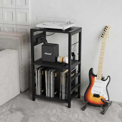 End Table with LED Light, Record Player Stand with Charging Station, view 3