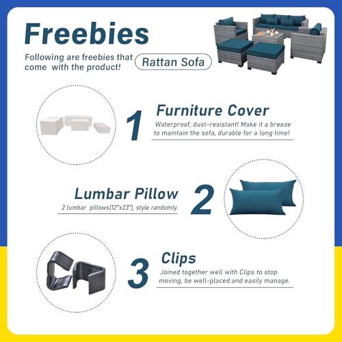 6 Pieces Wicker Patio Furniture Sets Outdoor Conversation Set HDPE Rattan Sectional Sofa Couch with Storage Table and Non-Slip Cushions, Peacock Blue