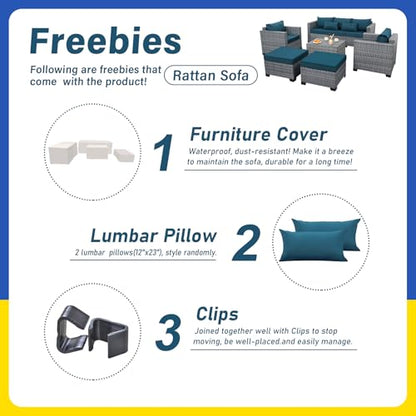 6 Pieces Wicker Patio Furniture Sets Outdoor Conversation Set HDPE Rattan Sectional Sofa Couch with Storage Table and Non-Slip Cushions, Peacock Blue
