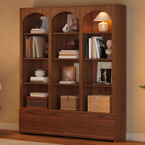 Walnut 4-tier bookshelf with drop-down cabinet, view 7