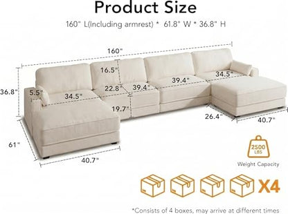 160" Oversized Modular Sectional Sofa, U Shaped Couch Set with 2 Pillows, 6 Seat Comfy Cloud Couches with 2 Movable Ottomans for Living Room, Bedroom and Apartment, Chenille Beige