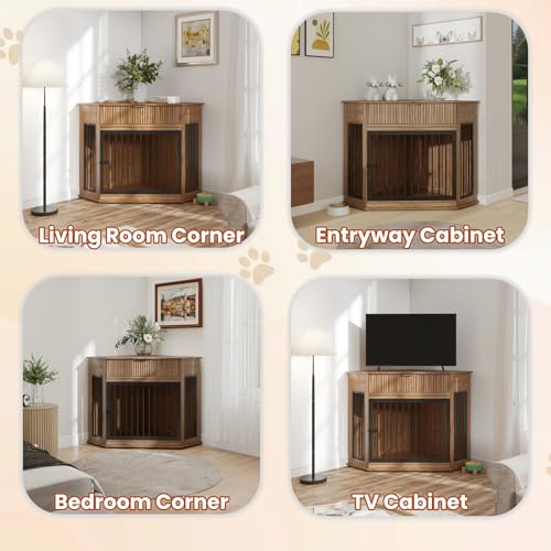 44.6'' Corner Dog Crate Furniture, Wooden Dog Crate with Storage Drawer, view 6
