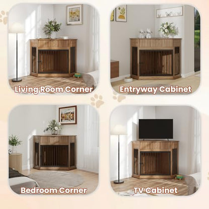 44.6'' Corner Dog Crate Furniture, Wooden Dog Crate with Storage Drawer, view 6