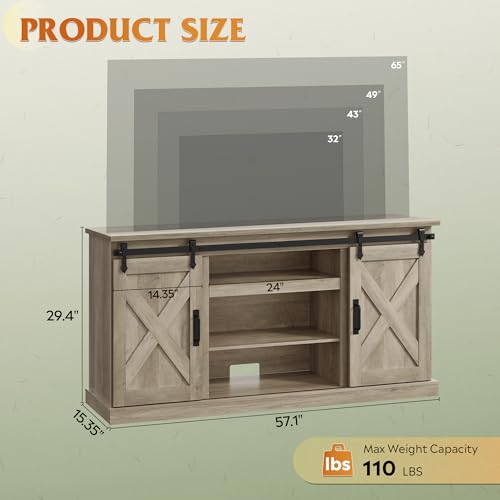 Farmhouse TV Stand for 65 Inch TV, Sliding Barn Doors, Grey Oak, view 3