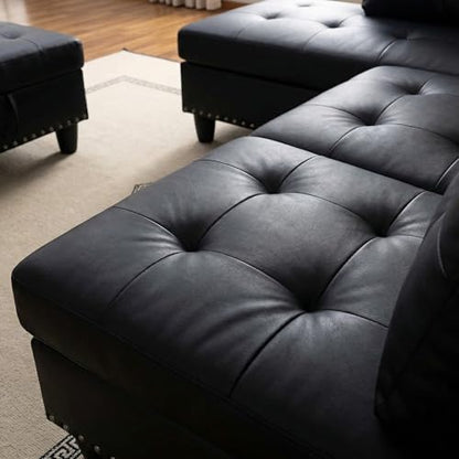97.5" L Shaped Couch Set, Modular Sectional Couches for Living Room with Storage Ottoman, 4 Seat Home Sofa Living Room Furniture Sets with Chaise for Apartment Office (Leather, Black)
