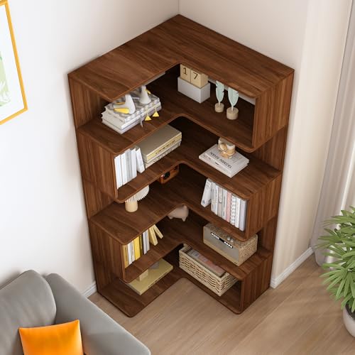 IOTXY 6-Tier L-Shaped Corner Bookshelf, 66-Inch Tall Bookcase, Walnut, view 5