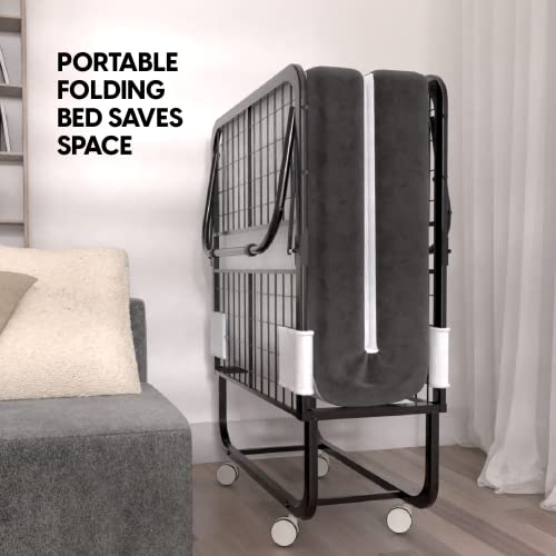 Folding Bed with Mattress - 75x31 Cot Size Frame - Portable Rollaway Guest Bed with 5-inch Memory Foam Mattress - Space-Saving Foldable Design for Easy Storage (31 Inch)