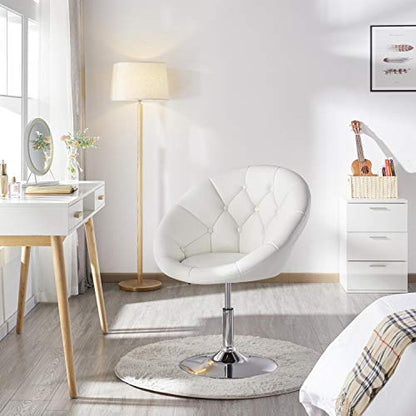 Yaheetech Leather Vanity Chair with Back, 360° Swivel & Adjustable Height, Tufted Makeup Desk Chair for Bedroom, Dressing Table & Living Room, White
