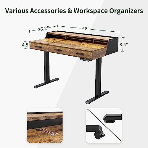 Standing Desk 48x26 Inches with 3 Wood Drawers and Monitor Shelf, Ergonomic Rising Home Office Desks, Height Adjustable Computer Desk, Sit Stand Up Electric Workstation Table, Brown