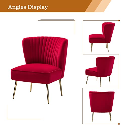Velvet Armless Accent Chair, Upholstered Modern Small Side Chair with Golden Legs, Comfy Cute Wingback Slipper Chair for Living Room, Study, Beauty Room, Thickly Padded(RED)