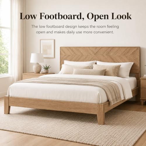 King Size Bed Frame with Headboard, Oak Color Platform Bed, Modern Design, view 8