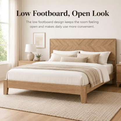King Size Bed Frame with Headboard, Oak Color Platform Bed, Modern Design, view 8