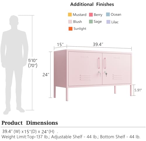 Pink 2-Door Wide Lockable Metal Storage Cabinet, TV Stand & Media Console, view 4
