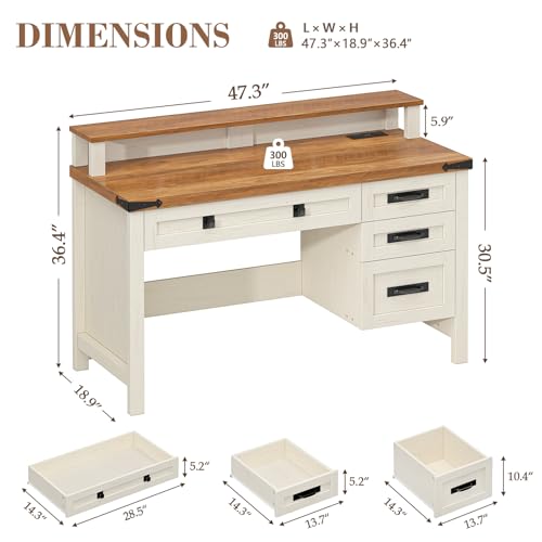 Farmhouse Executive Desk with Drawers, 47" Computer Desk with Power Outlets, Home Office Desk with Monitor Stand & 4 Drawers, Small Desk Writing Study Table, Antique White