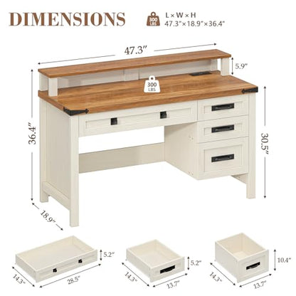 Farmhouse Executive Desk with Drawers, 47" Computer Desk with Power Outlets, Home Office Desk with Monitor Stand & 4 Drawers, Small Desk Writing Study Table, Antique White