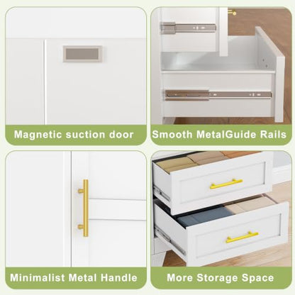 Freestanding white pantry cabinet with golden handles, modern display features, view 6