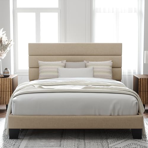 Queen Size Platform Bed Frame with Fabric Upholstered Headboard, view 2