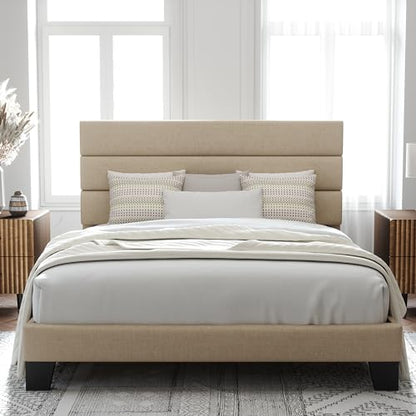 Queen Size Platform Bed Frame with Fabric Upholstered Headboard, view 2