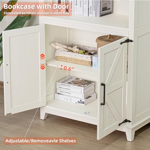 5 Tier Bookshelf 70in Tall Bookcase with Barn Doors and Storage Cabinet, view 7