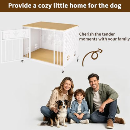 39" Iron Pegboard Dog Crate Furniture with Wooden Top & Remote LED Light, view 4