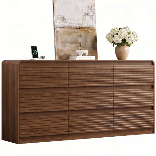 Walnut Fluted 9-Drawer Dresser for Bedroom w/Power Outlet, view 2
