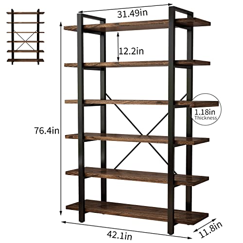 Solid Wood Bookcase and Book Shelves Wood and Metal Shelving Unit 6 Tier Bookshelf Modern Rustic Open Bookshelf Office,Distressed Brown (AY-02-6Tier)