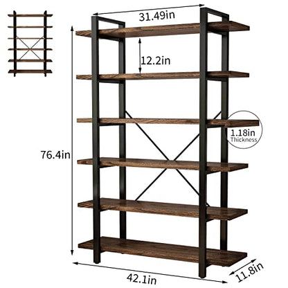 Solid Wood Bookcase and Book Shelves Wood and Metal Shelving Unit 6 Tier Bookshelf Modern Rustic Open Bookshelf Office,Distressed Brown (AY-02-6Tier)