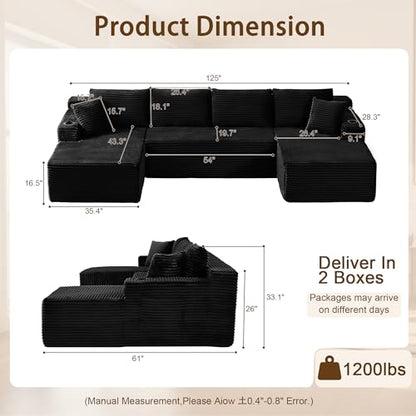 125" Sectional Boneless Couch for Living Room, Modular Cloud Couch Sectional with Storage Pockets & Cup Holders, Modern Corduroy Modular Sofa, Black U-Shaped Compressed Sofa Couch in a Box