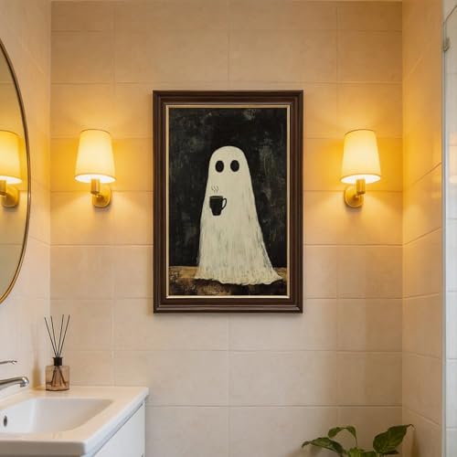 Halloween Ghost Canvas Wall Art with Natural Wood Grain Frame, Cozy Spooky Coffee Decor, Rustic Farmhouse Style Wall Picture for Living Room Kitchen Bedroom Autumn Seasonal Wall Decorations - 8x12